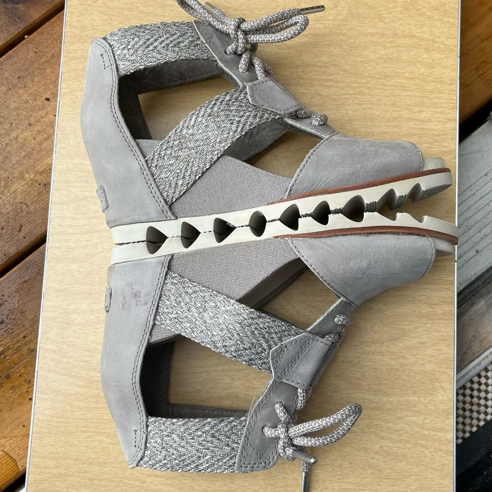 Sorel Wm’s Joanie Lace Up Leather & Canvas Wedge Sandals In Gray Sz 8 - Picture 9 of 16